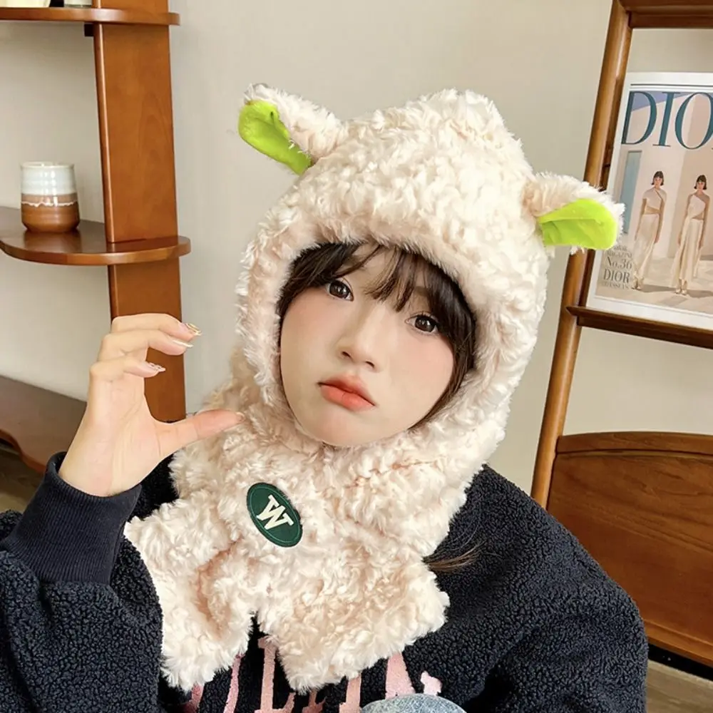 Solid Color Plush Lamb Hat Korean Style Fashion Design Cartoon Fleece Hat Cloth Accessories Cartoon Plush Hat with Scarf Girls