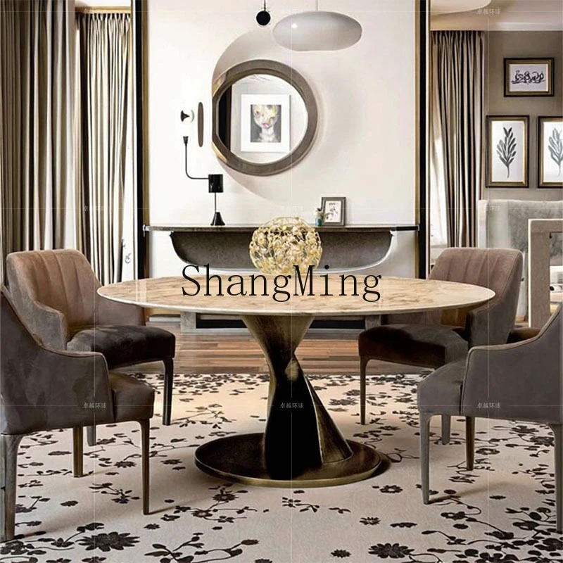 FG good-looking  painted dining table light luxury high-end marble round table home high-end villa solid wood dining table