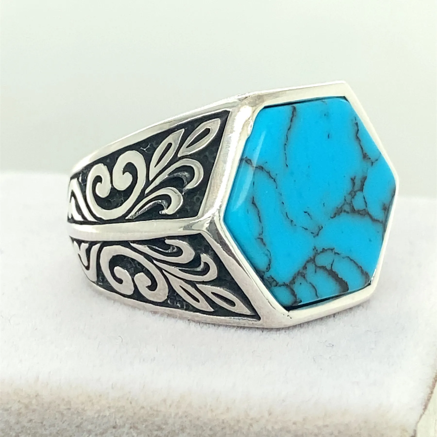 

Men Handmade Ring , Turquoise Stone , Modern Silver Ring , Men Engraved Ring , 925k Sterling Silver Ring , Gift For Him