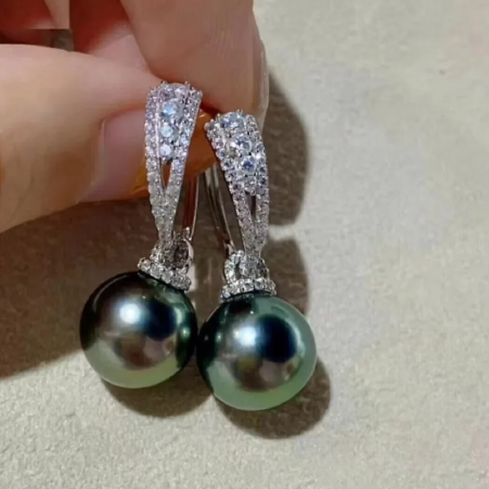 

Elegant Pearl Earrings AAAA 9-10mm 10-11mm Natural Round South Sea Black Green Pearl Earrings 925S