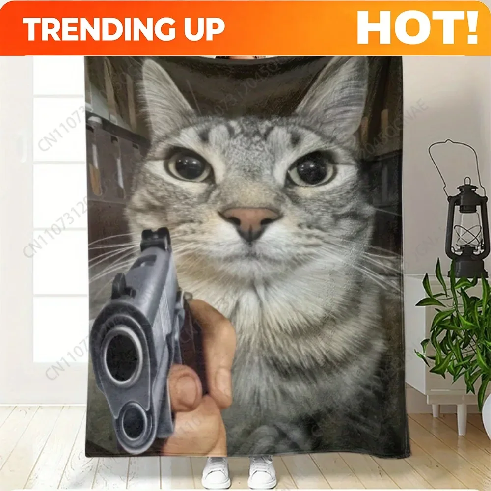 Custom 230GSM Vintage Cat Holding Gun Meme Print Flannel Blanket - Funny High-Definition Print, Soft & Durable Polyester, Perfec