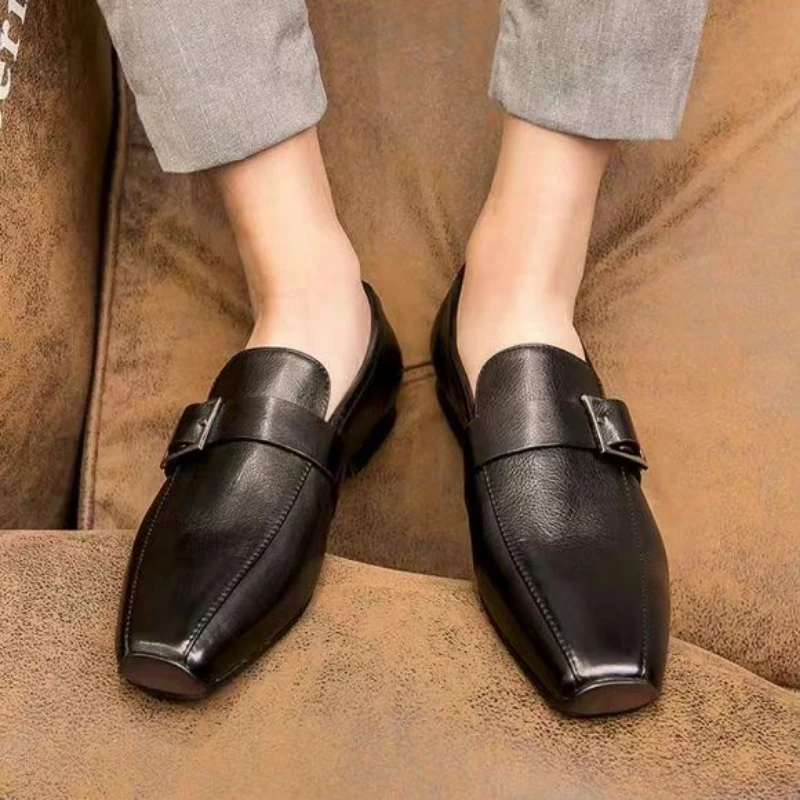 Square Head Loafers Men Genuine Leather Cowhide Solid Color Low Heel Comfortable Classic Professional Business Formal Men Shoes