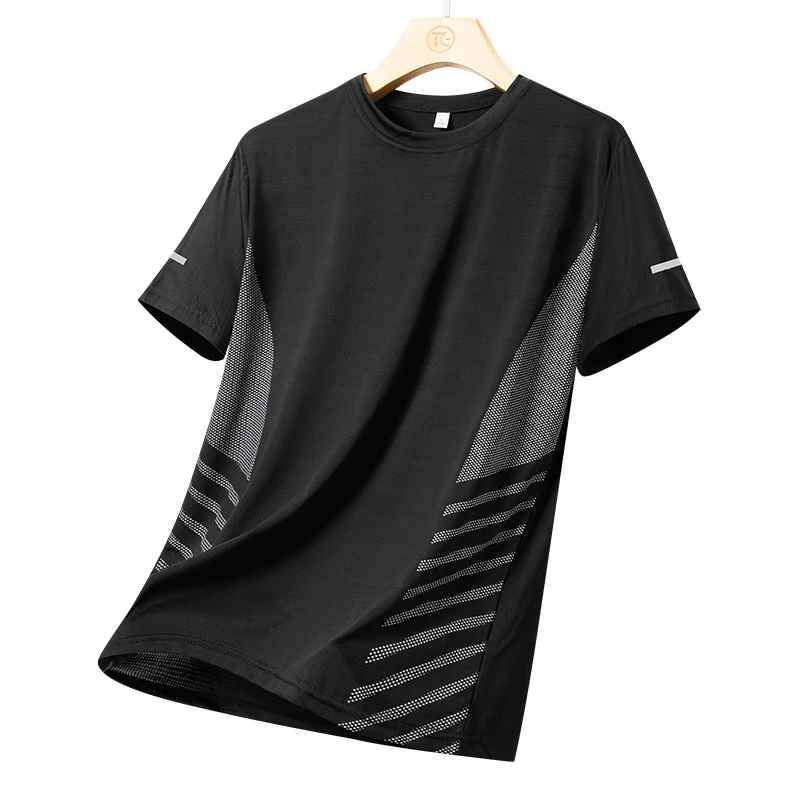 Koszulka do biegania męska letnia lodowy jedwab cienki top odblaskowy nadruk szybkoschnący z krótkim rękawem oddychająca koszulka sportowa Fitness 5XL — zdjęcie 2