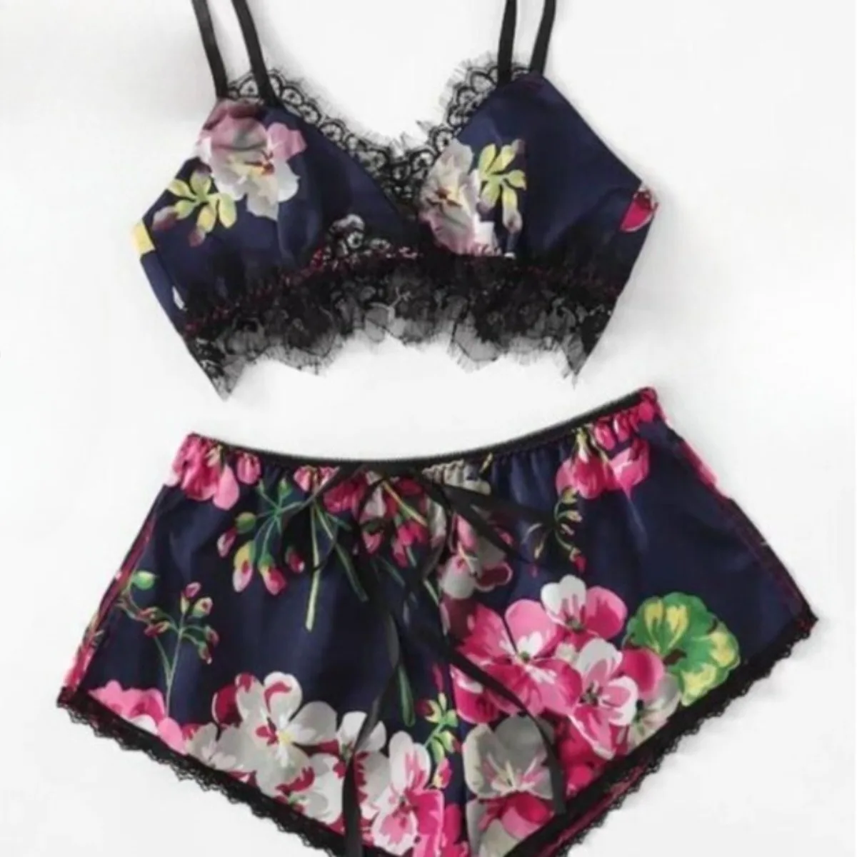 Floral Print Lace Trim Cami Top And Matching Shorts Set Featuring Comfort Design For Women Sexy Erotic Lingerie Costumes Outfits