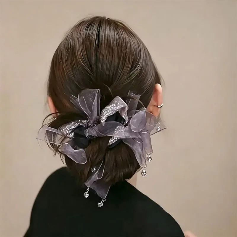 Luxuriöser Strass-Haargummi mit Schleife für Damen und Mädchen, süßer Haarschmuck, elastisches Haarband, Haargummi, Haarring, modisches Haar-Accessoire – Detail 4