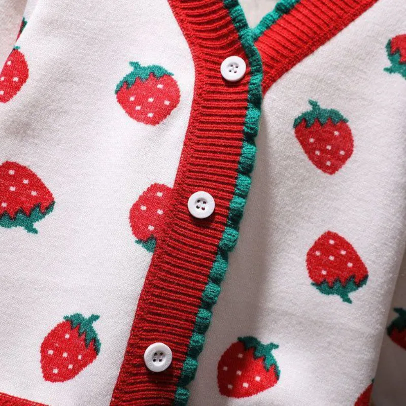 Girls  Knitted Cardigan Button V-Neck With Cute Strawberry Jacquard Kids Long Sleeve Knit Cardigan Sweater