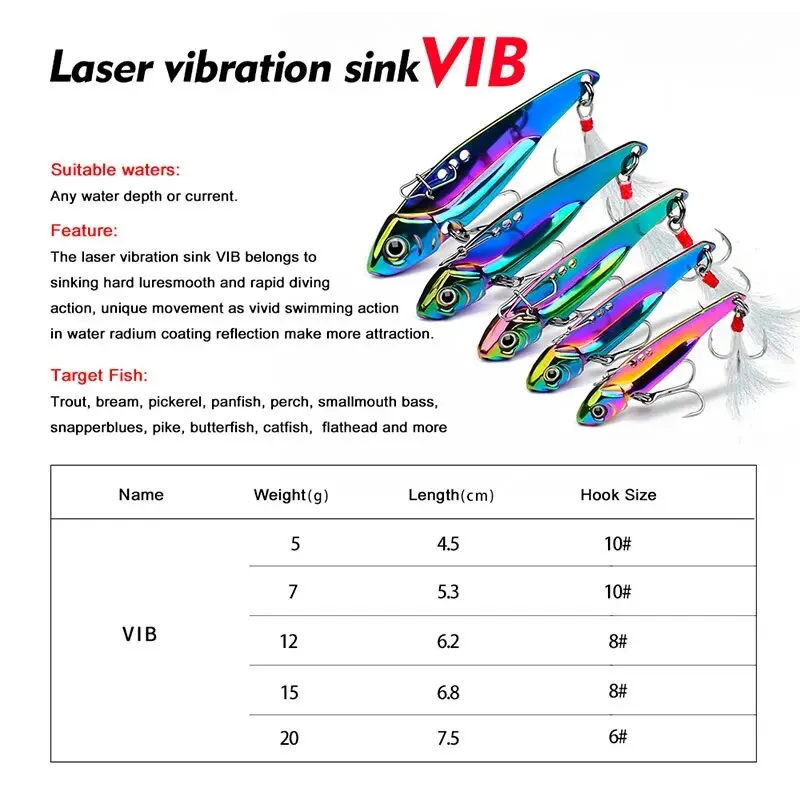 Metal VIB All Water Layer Long Throw 20g Colorful Vibration Sequin Artificial 3D Eyes Sharp Trible Hook For Bass Fishing Tackles — zdjęcie 3