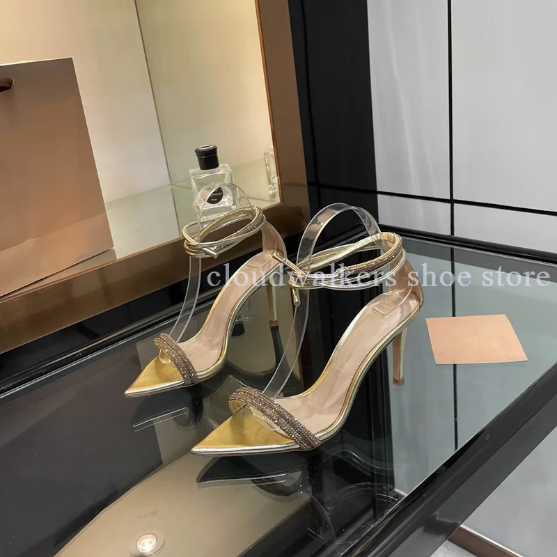 

Luxury Rhinestone Strap Sexy Pointed Toe High Heel Sandals Fashion Side Cutout Ankle Wrap Strap Evening Dress Stiletto Sandals