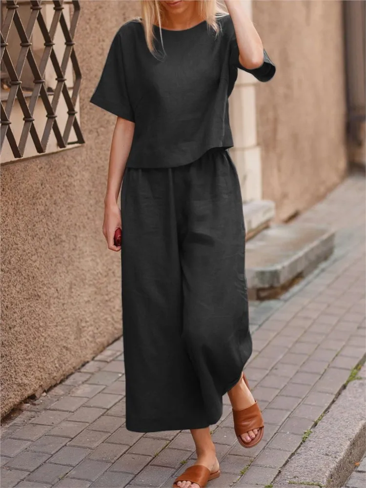 Summer Loose O-Neck Top Wide Leg Pants Two Piece New Elegant Pullover Pants Summer Suit Women Harajuku Style Cotton Linen Suit