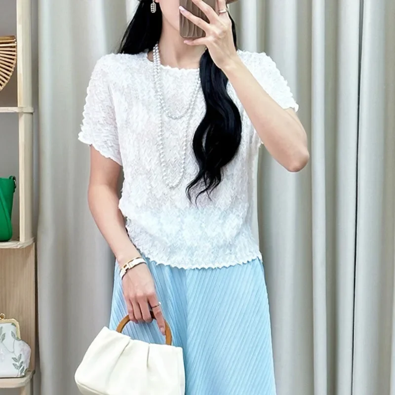 Miyake, Top de manga corta con cuello redondo para mujer + Falda corta informal, conjunto de dos piezas con diseño plegable, novedad de verano 2025, ola