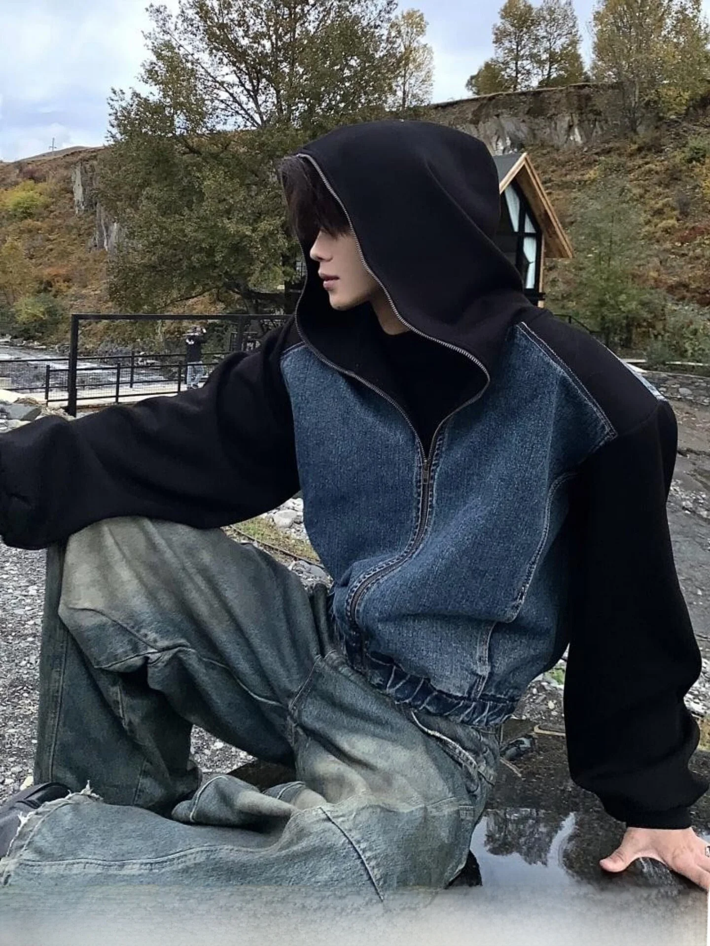 

Ace Tailors Men's Retro Street Style Denim Jacket with Hood Patchwork Shoulder Pad Short Coat Youth Trend Autumn Winter Wear