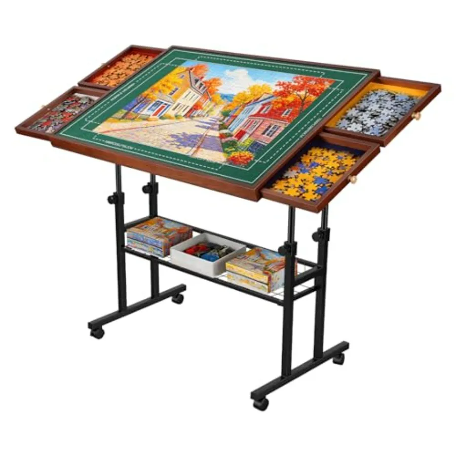 

Jigsaw Puzzle Table with Legs for Adults, Wooden, Black, Adjustable Tilting Board with Drawers, 4 Wheels Cover