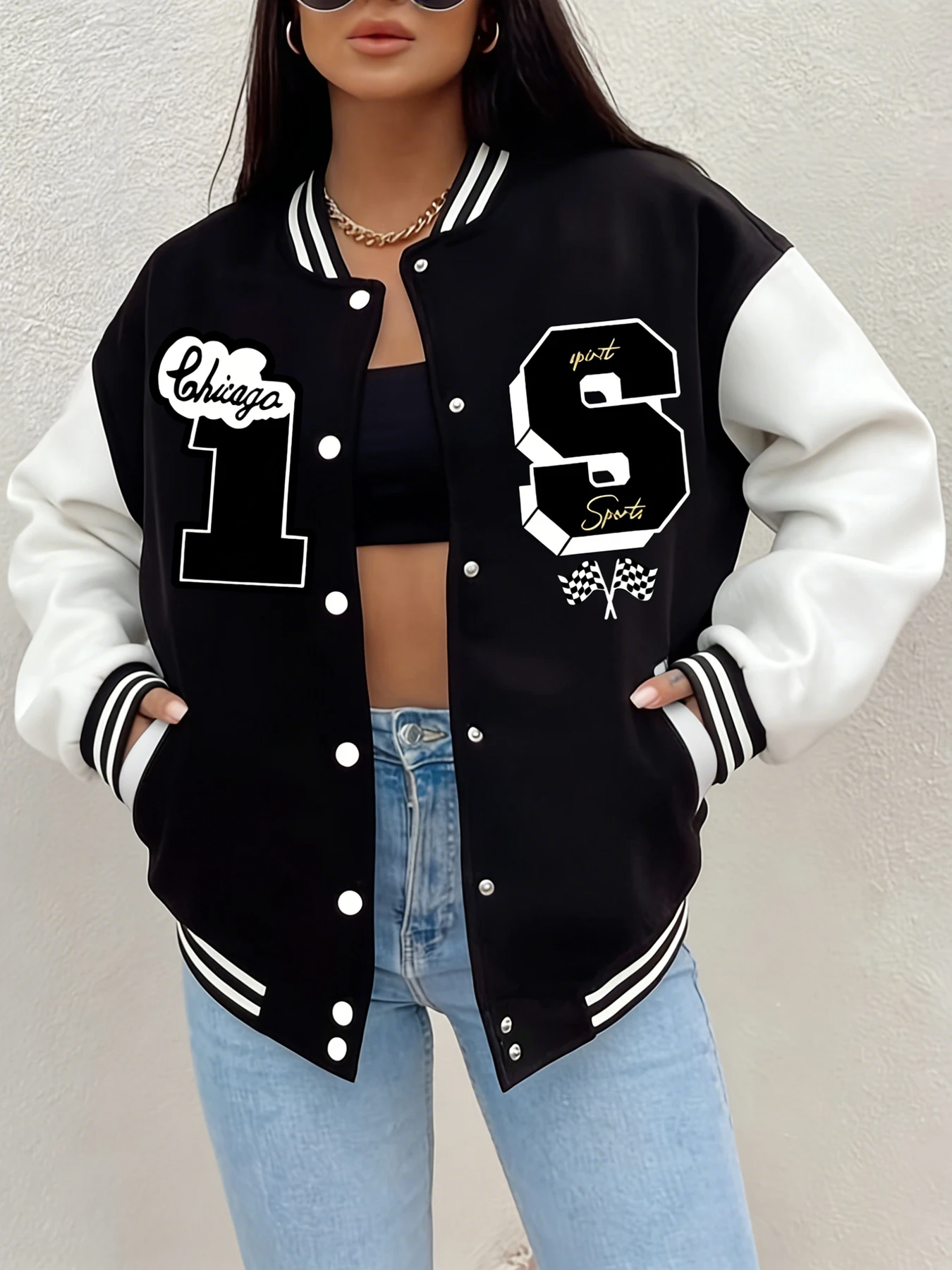 Women Chicago Number 1 Graphic Baseball Jacket Letter Print Loose Fit Varsity Coat Casual Street Fashion Daily Outfit Freece Top