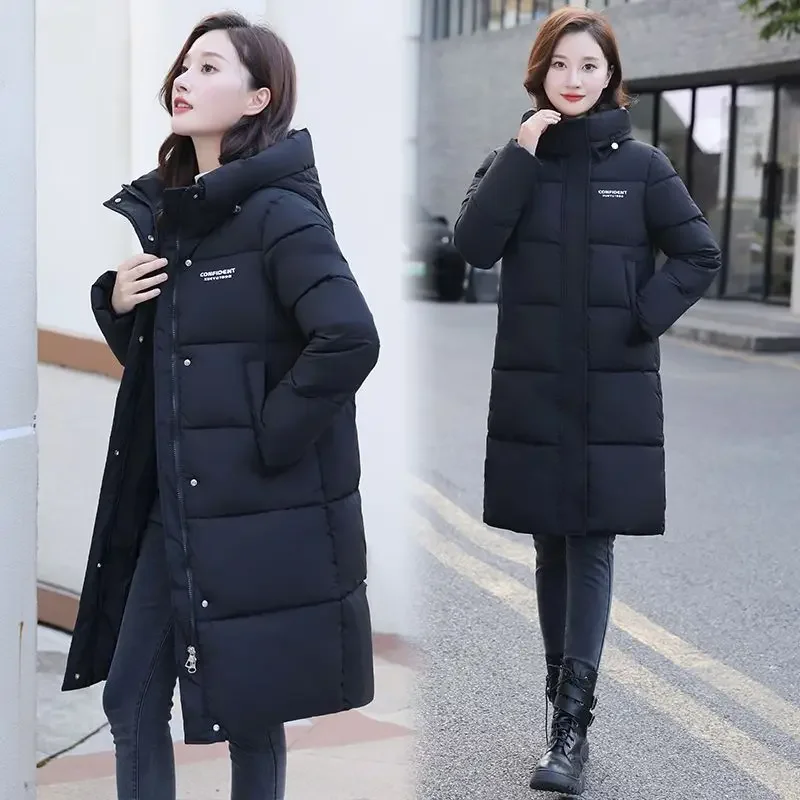 

Ladies Fashion Winter Coat Women Down Cotton Hooded Jacket Woman Casual Warm Outerwear Jackets Female Girls Black Clothes VA1200