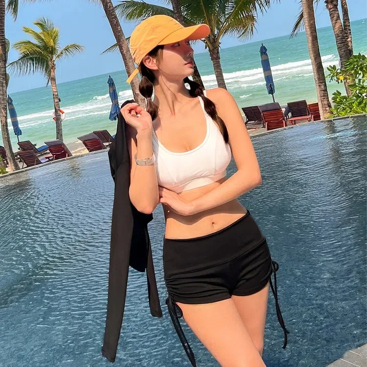 Sexy 3-teilige Bikini-Shorts mit hoher Taille, 2024, Damen-Badeanzug mit langen Ärmeln, vertuschende Badebekleidung, koreanischer Strandkleidungs-Badeanzug