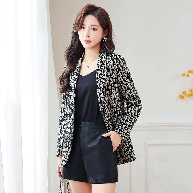 Letter Printed Jacquard Suit Jacket for Women 2024 Spring Autumn High-Grade Elegant Fashion Blazer Slim Fit All-Matching Coat