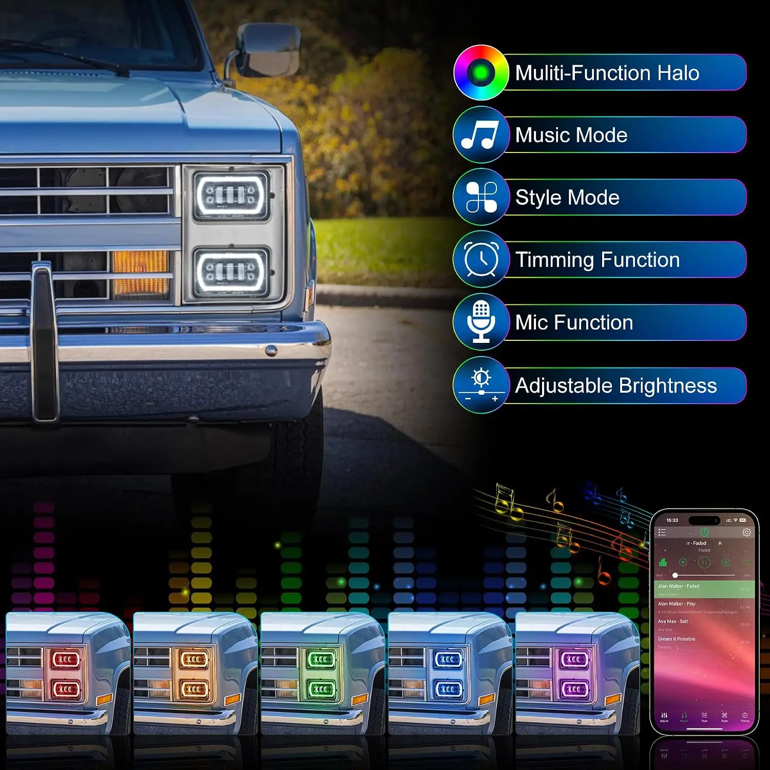 POVTOR 4x6 LED Headlights with Multiple Color Halo with Hi/Lo Beam App Control DIY Color IP67 for Kenworth Petebilt Oldsmobile