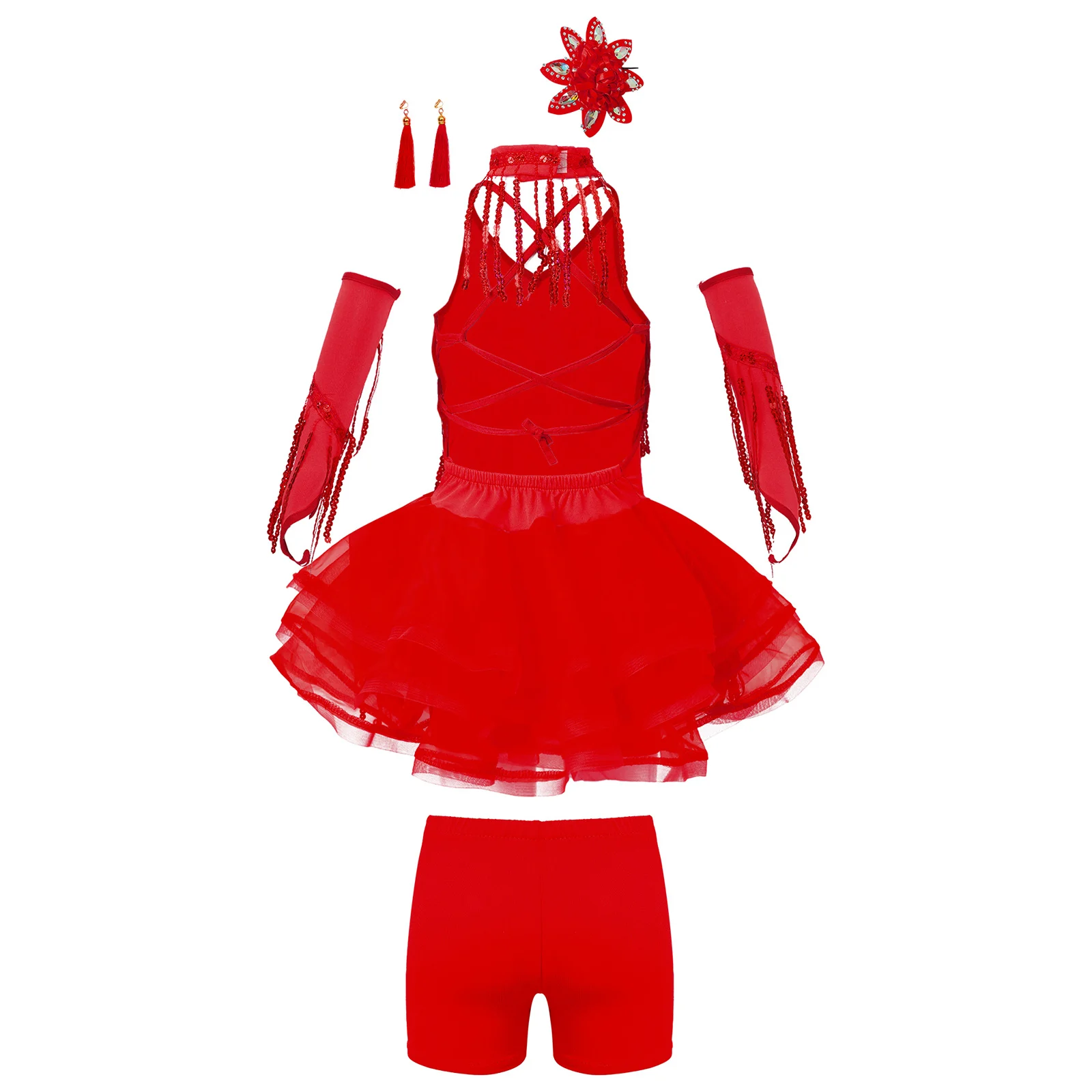 Kids Girls Latin Dance Dress Ballroom Tango Rumba Cha-Cha Samba Dancing Performance Costume Sequin Tassel Tutu Dress Dancewear