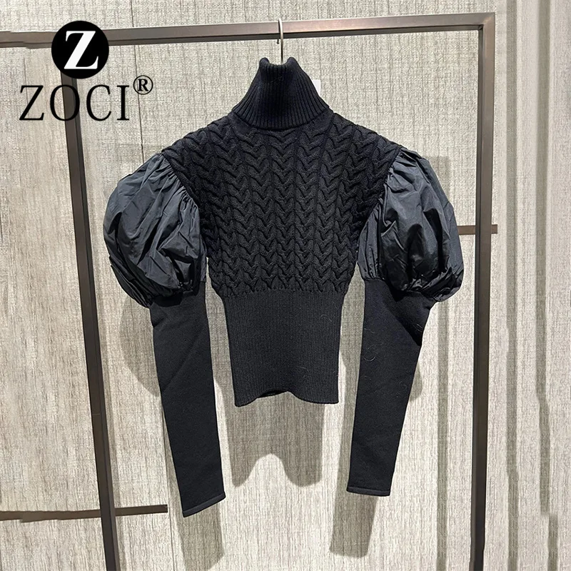 ZOCI-suéter negro de cuello alto con manga de burbuja para mujer, Top de punto ajustado, nuevo