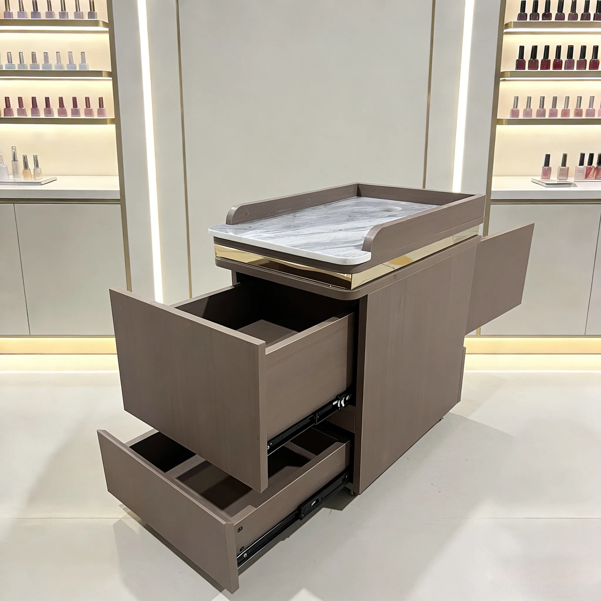 Beauty New Design Makeup Salon Cart Multi-functional Pedicure Spa Nail Salon Trolley Gold Beauty Trolley With Lockable Wheels