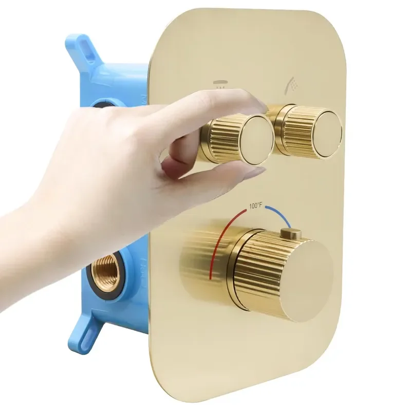 Brushed Gold Brass Thermostatic Shower Valve Kit Two Way Mixer for Hand Shower Bathroom Faucet Fittings Uncoated Hardware Two