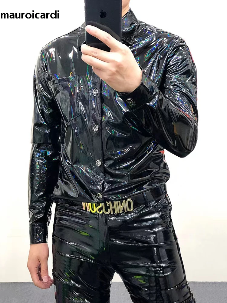 Mauroicardi Spring Autumn Cool Fitted Black Shiny Reflective Stretchy Holographic Faux Leather Shirt Jacket Men Emo Clothes 2023