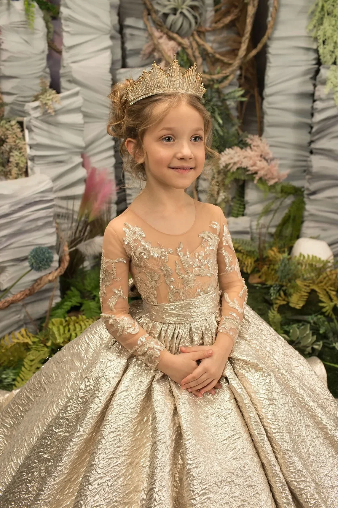 Exquisite Long Child Princess Flower Girl Dresses Sequin Applique Bow Wedding Party Ball Gown Full Sleeve Birthday Pageant Robe