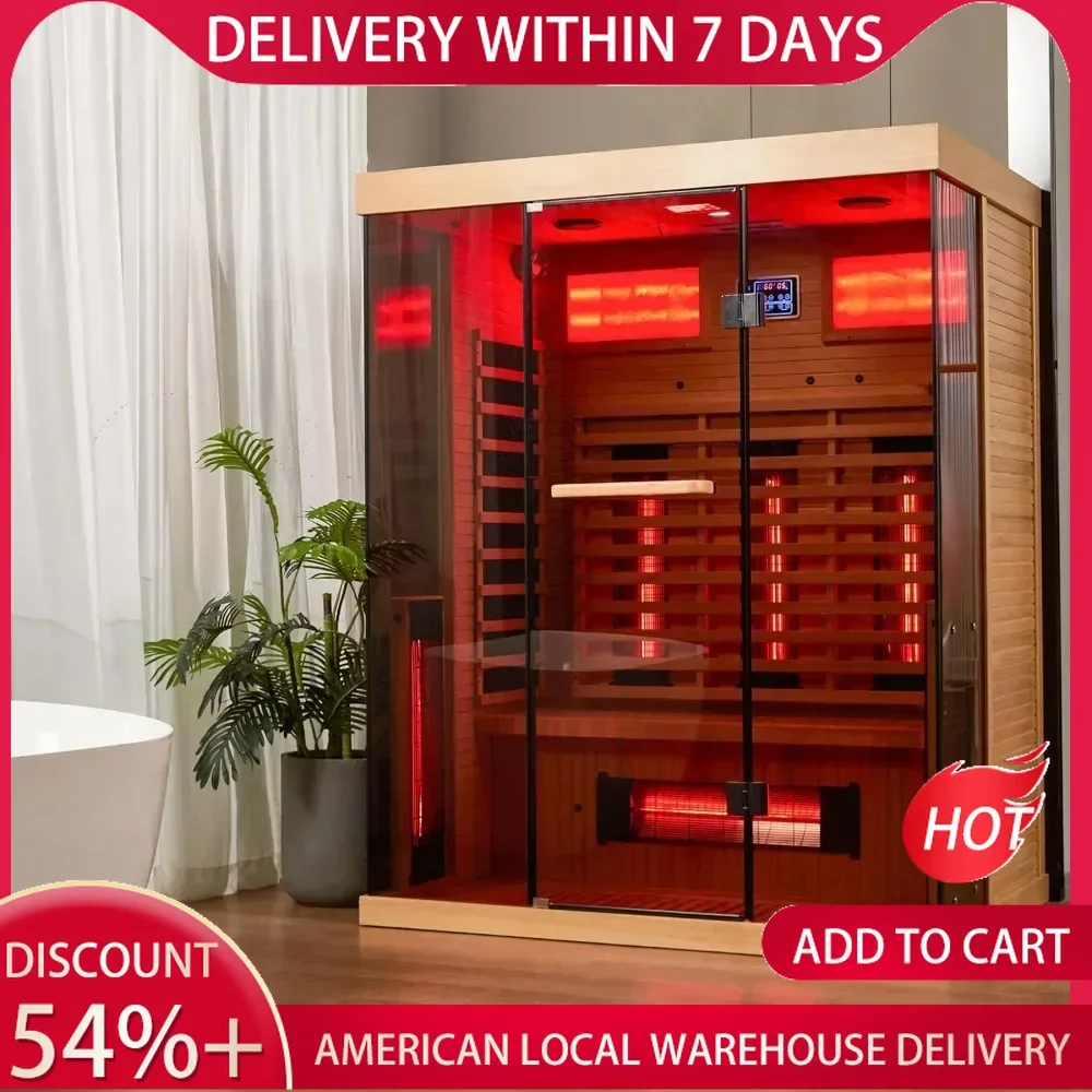 Far Infrared Sauna,2-3Person Home Sauna with Himalayan Salt Brick,Indoor Sauna Spa Room,Panoramic Tempered Glass&Oxygen Bar,220V