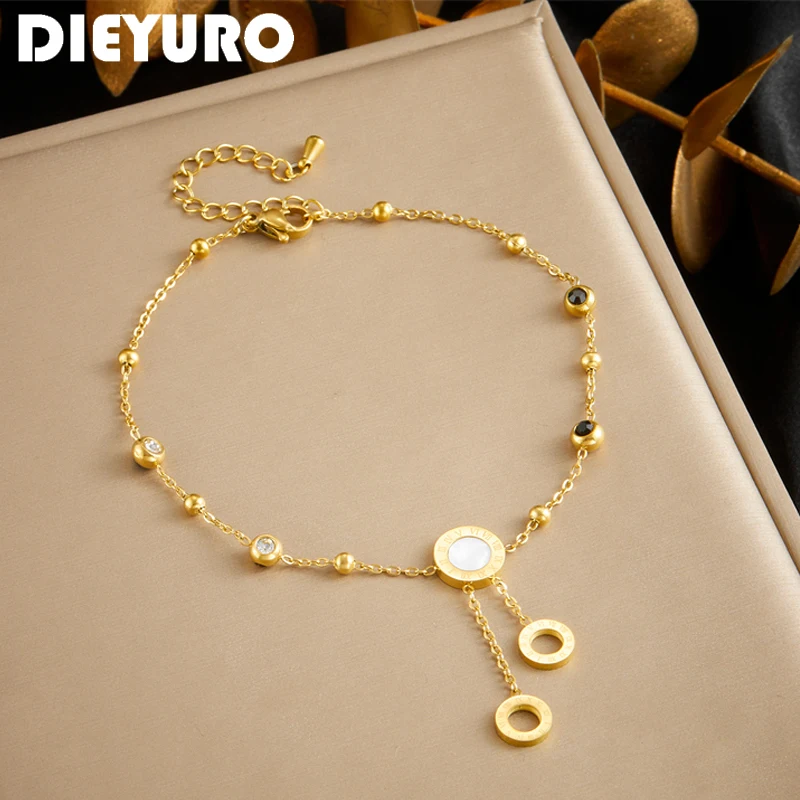 DIEYURO 316L Stainless Steel Circular Time Scale Gold Colour Anklets Fashion Luxury Zircon Footsie Chain Waterproof Jewelry Gift