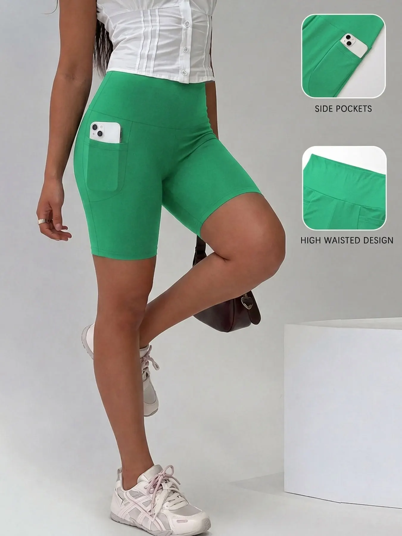 Damen Biker-Shorts mit Taschen, hoher Bund, superweich, blickdicht, Bauchkontrolle, für Laufen und Yoga – Detail 9