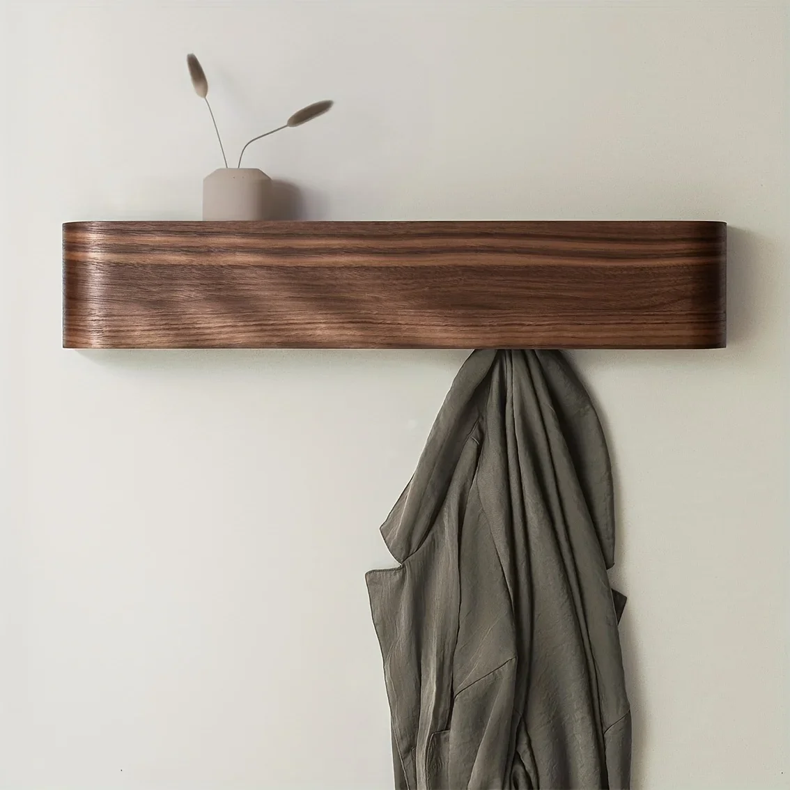 Space-Saving, Solid Wood & Iron For Entryway Hallway Easy Assembly Modern Wall Coat Rack with Hidden Hooks & Shelf