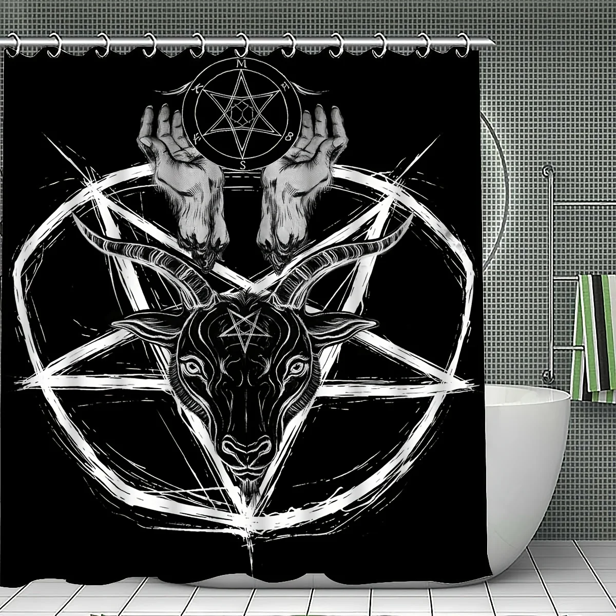 

Baphomet Shower Curtain, Goat Head Pentagram Sigil, Occult Symbol Art, Black and White Gothic Bathroom Decor, Horror Theme