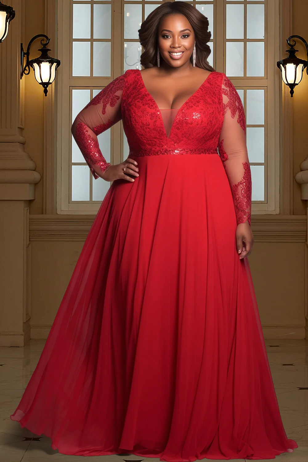 

Plus Size Formal Chiffon Red V Neck Long Sleeve See Through Lace Maxi Dresses