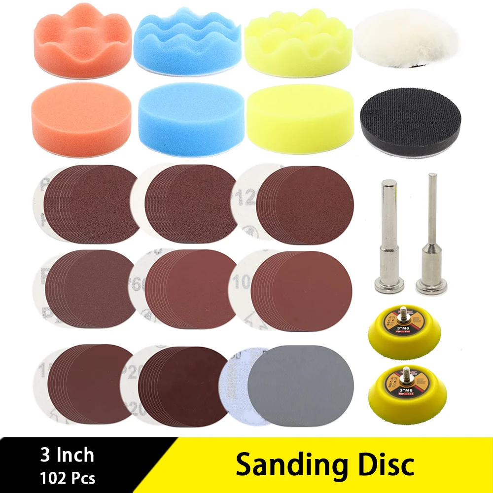 

3 Inch Sanding Disc 102 Pcs with Wet Dry Sandpaper 1/8"&1/4" Backer Plate Shank Soft Foam Buffering Pad for Polishing Wood Metal