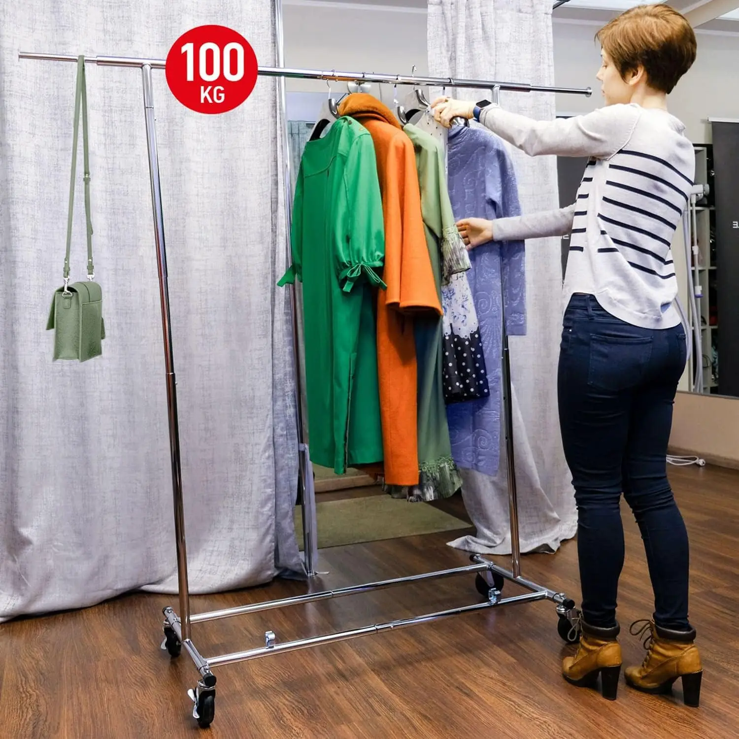 Clothes Rack on Wheels, 220lb Load, Adjustable Garment Rack Length 4-6ft, Height 4,7-5,5ft