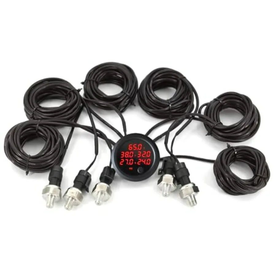 

12V/24V 5 Pressure Air Pressure Gauge 2Inch 52mm 0-232PSI with 5Pcs 1/8NPT Sensors and 16.5ft(5M) Sensor Cable LED Red for Auto