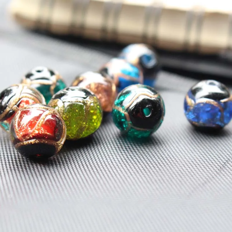 10Pcs 10 12mm Lampwork Glass Beads Round With Gold Drawing Multi-color for Jewelry Bracelet Necklace Earring Craft DIY Charms