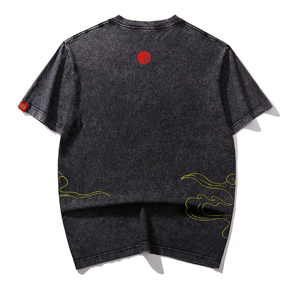 Lyprerazy Summer Crane Embroidery T-shirt Men's Chinese Style Pure Cotton Washed Short-sleeved T-shirt