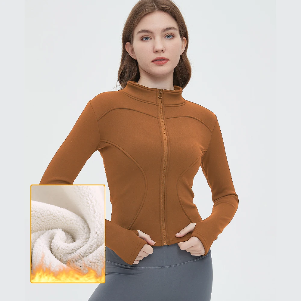 Peach fleece stand up collar pocket jacket for autumn and winter, with thickened fleece and warm stand up collar yoga suit