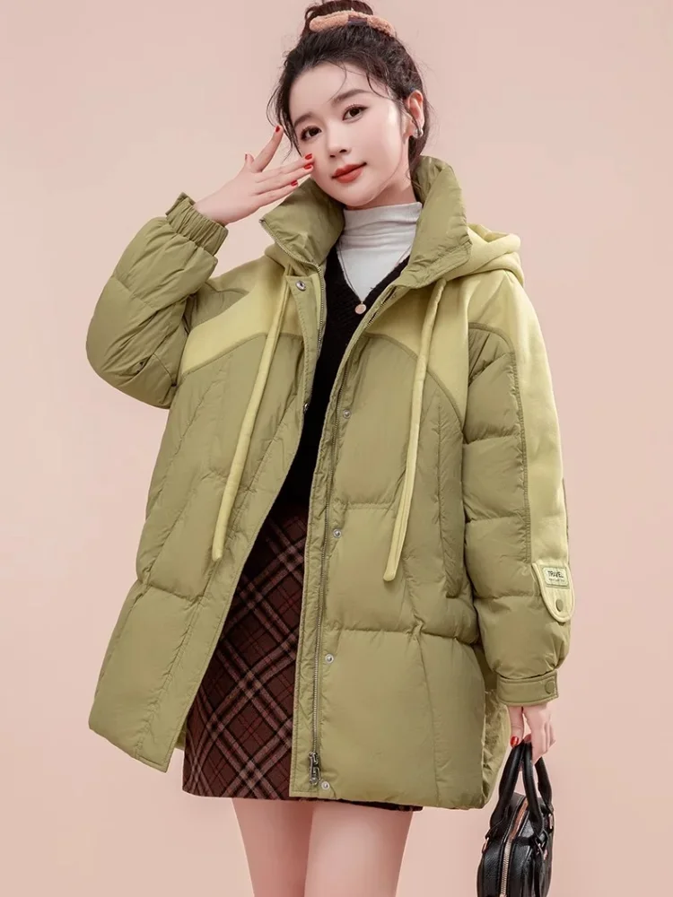 

Duck Down Mid-length Coat for Women, Warm Hooded Jackets, Color Collision Splicing, Loose Casual Down Jackets, 90White, Winter