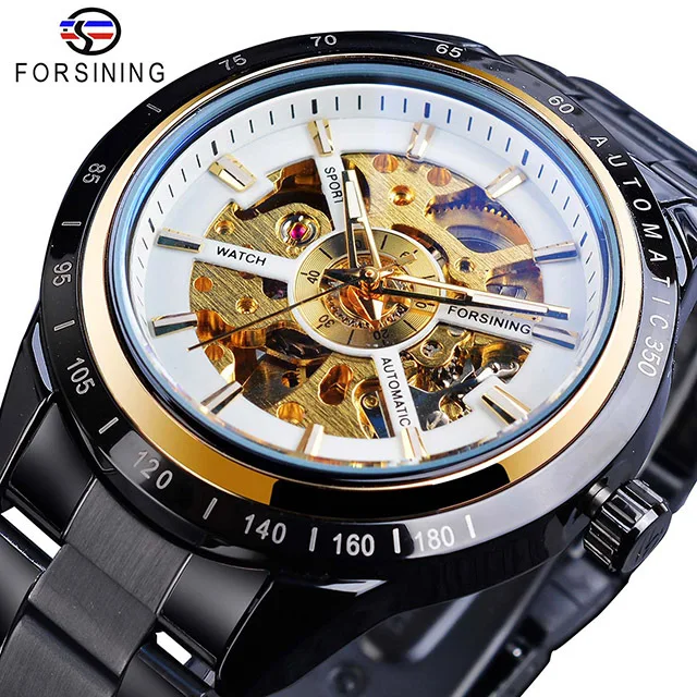 Fashion Forsining Top Brand Full Stainless Steel Men\'s Casual Waterproof Blue Glass Automatic Mechanical Business Wrist Watches