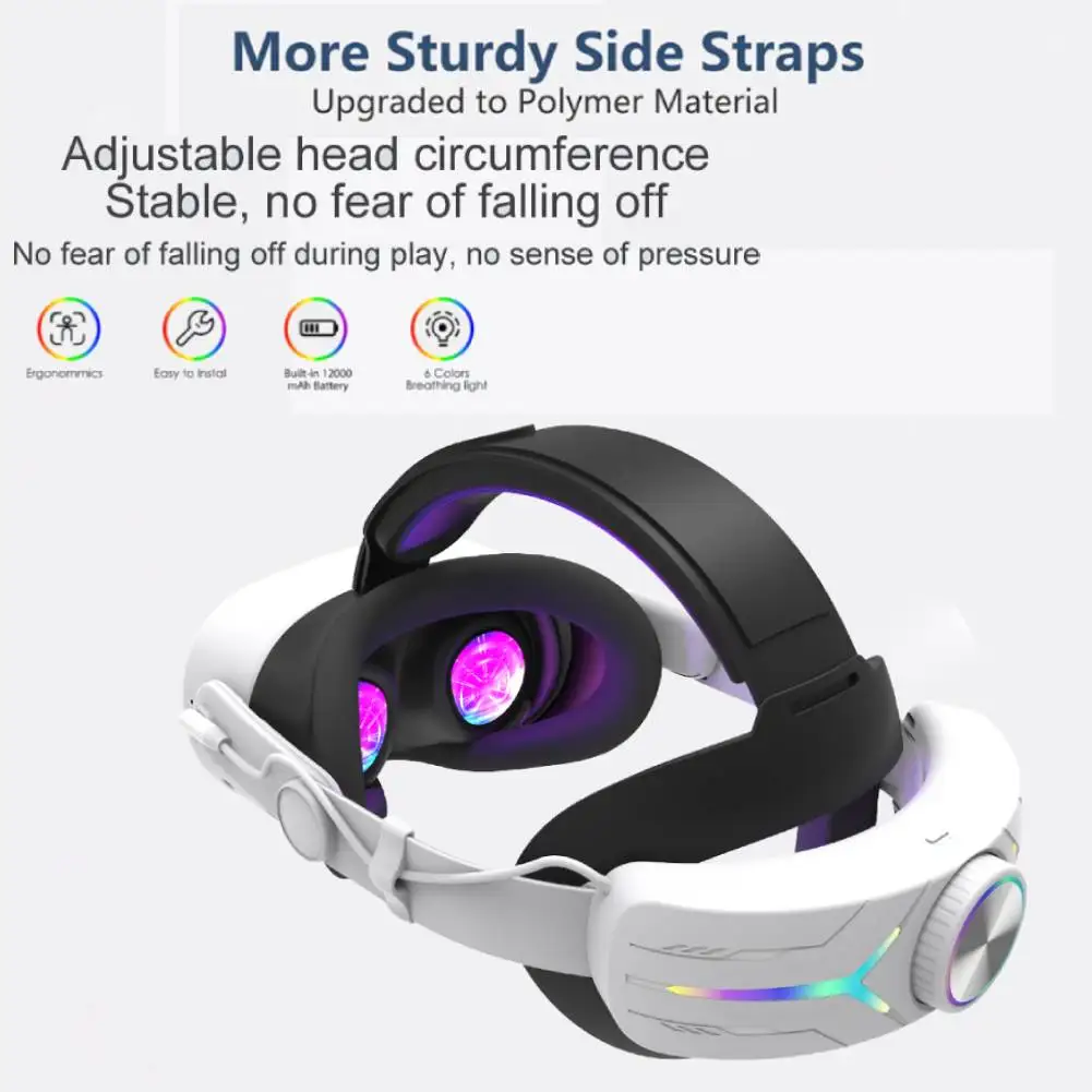 Sangle de tête RV réglable RGB pour Meta Quest 3S, batterie 12000 mAh pour prolonger le temps de jeu en réalité virtuelle, confort et remplacement de la sangle de tête 3S