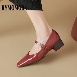 Mary Janes Genuine Leather Shoes 2025 New Spring Fall All Real Leather 4cm Med Thick Heel Square Toe Birthday Gift Handmade Pump