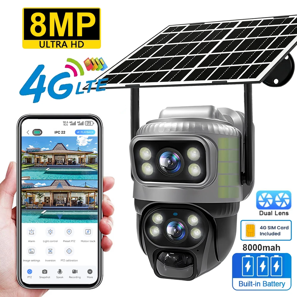 V380 Dual-Linsen 4G Solar-Kamera PIR Menschenerkennung Nachtsicht Wasserdichte Sicherheits-Video-IP-Kamera 8MP 4K Akku CCTV-Monitor