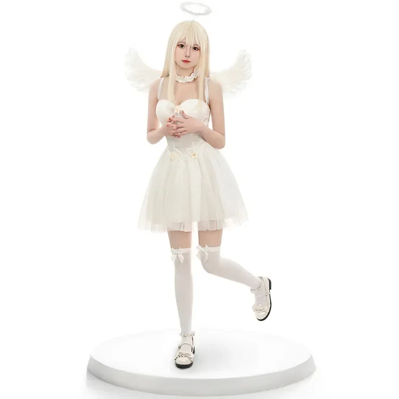 White Angel and Fallen Dark Angels Devil Cosplay Gauze Dress for Women Feather Wings Elf Birthday Or Halloween Party Costume