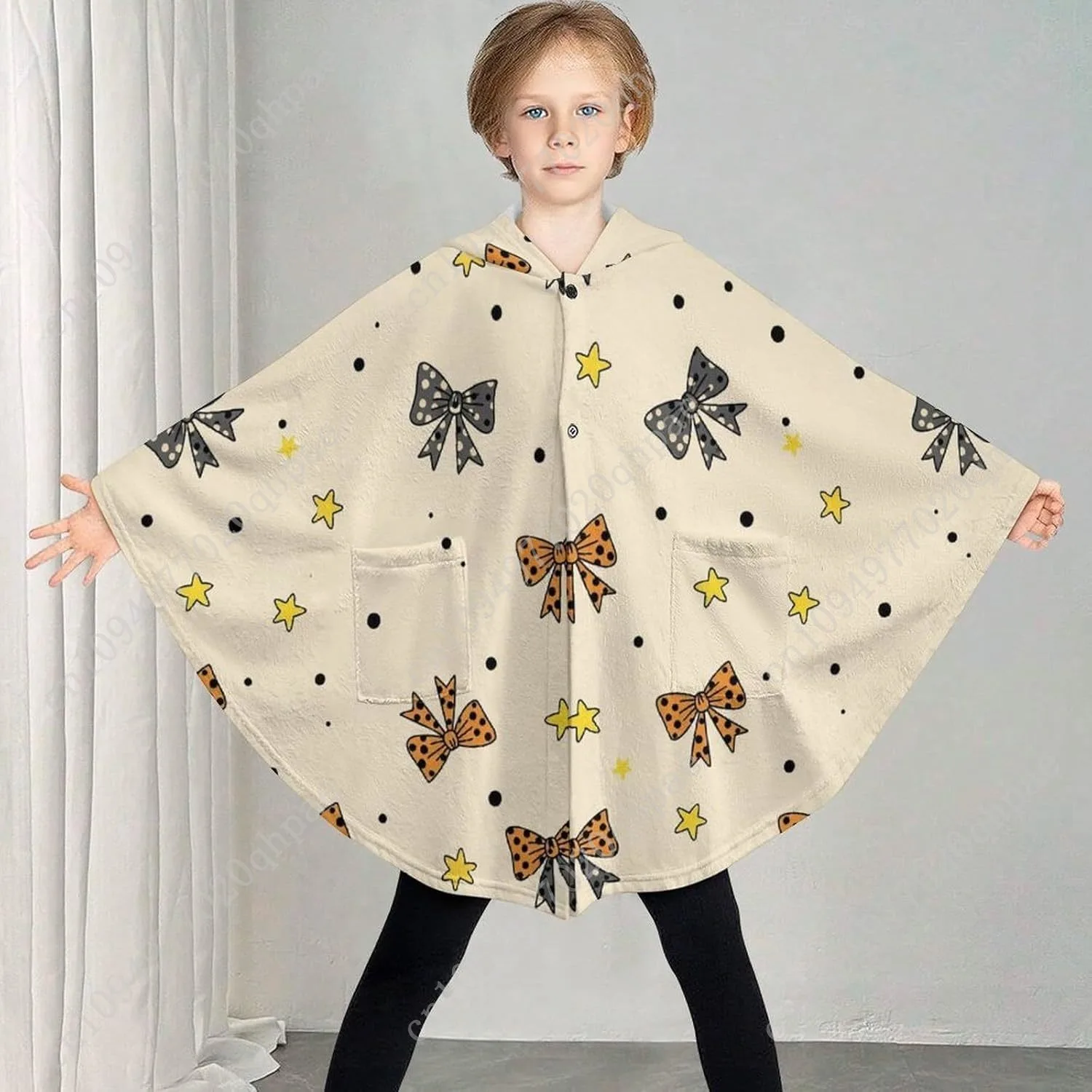 سترة بطانية مريحة من الفلانيل، ربطات عنق على شكل نجوم ونقاط كبيرة الحجم مع جيوب للأطفال والمراهقين #2