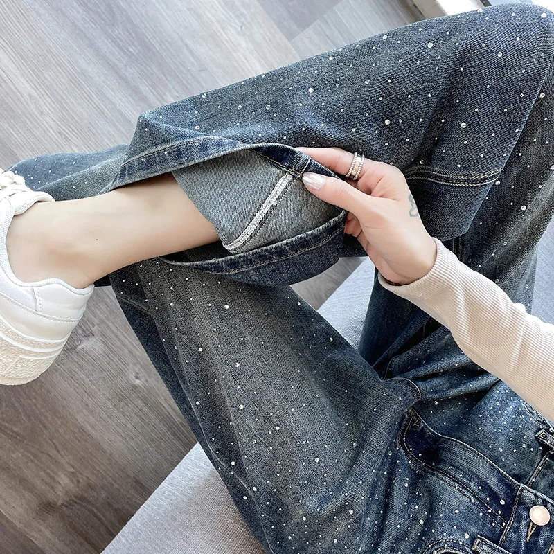 

Heavy Du Rhinestone Denim Jeans Women's Loose Straight Leg Wide Leg Pants High Waist Long Trousers Spring 2025 New Sle
