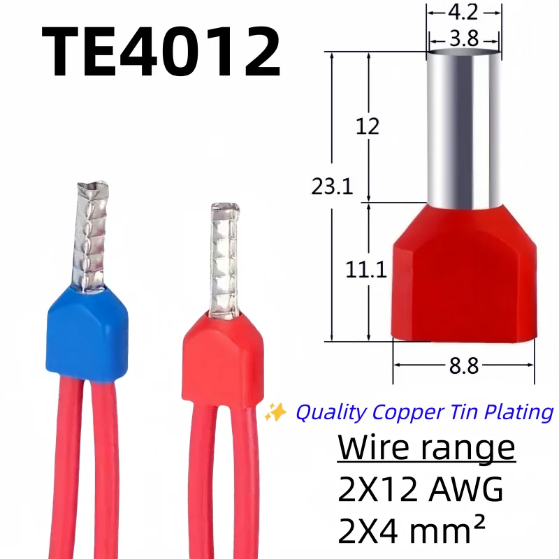 

100PCS TE4012 Double Pipe 0.5~6.0² Cold Pressed End Double Wire Tube Shaped Insulated Tubular Terminal