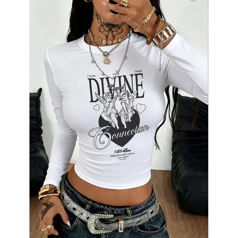 Y2K Women Cherub Angel DIVINE Print Long Sleeve Tee Slim Fit Crew Neck Crop Top