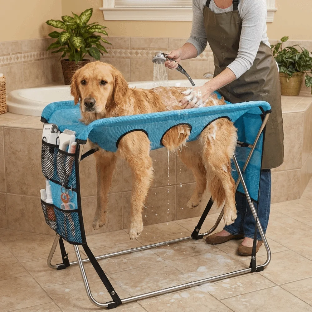 Folding Pet Grooming Hammock Anti-Scratch Multi Hole Dog Grooming Table Detachable Quick Dry Mesh Cat Washing Hammock